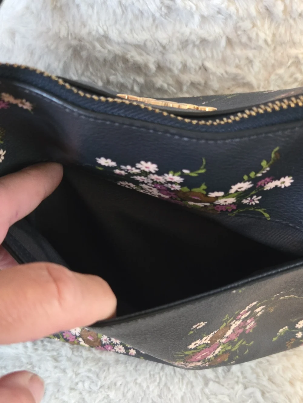 Coach Floral Print Black Leather Tote Bag With Large Gold Coach Tag